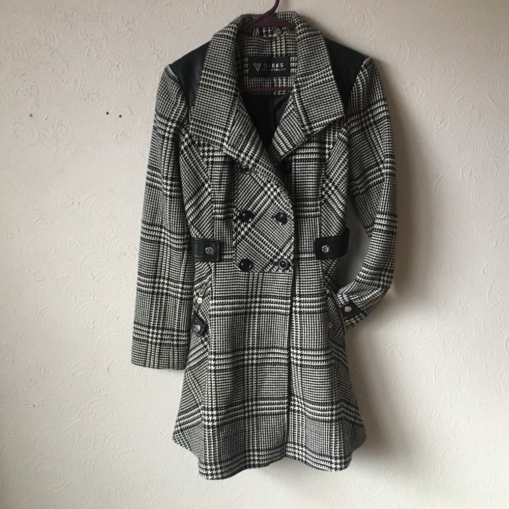 houndstooth guess pea coat with leather detail